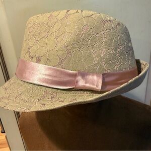 VTG Elegant Lace Fedora with Pink Ribbon Spring Easter